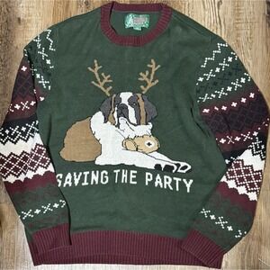 Unisex Green Christmas Knitted Dog Saint Bernard Xmas Novelty Sweater Sz LG